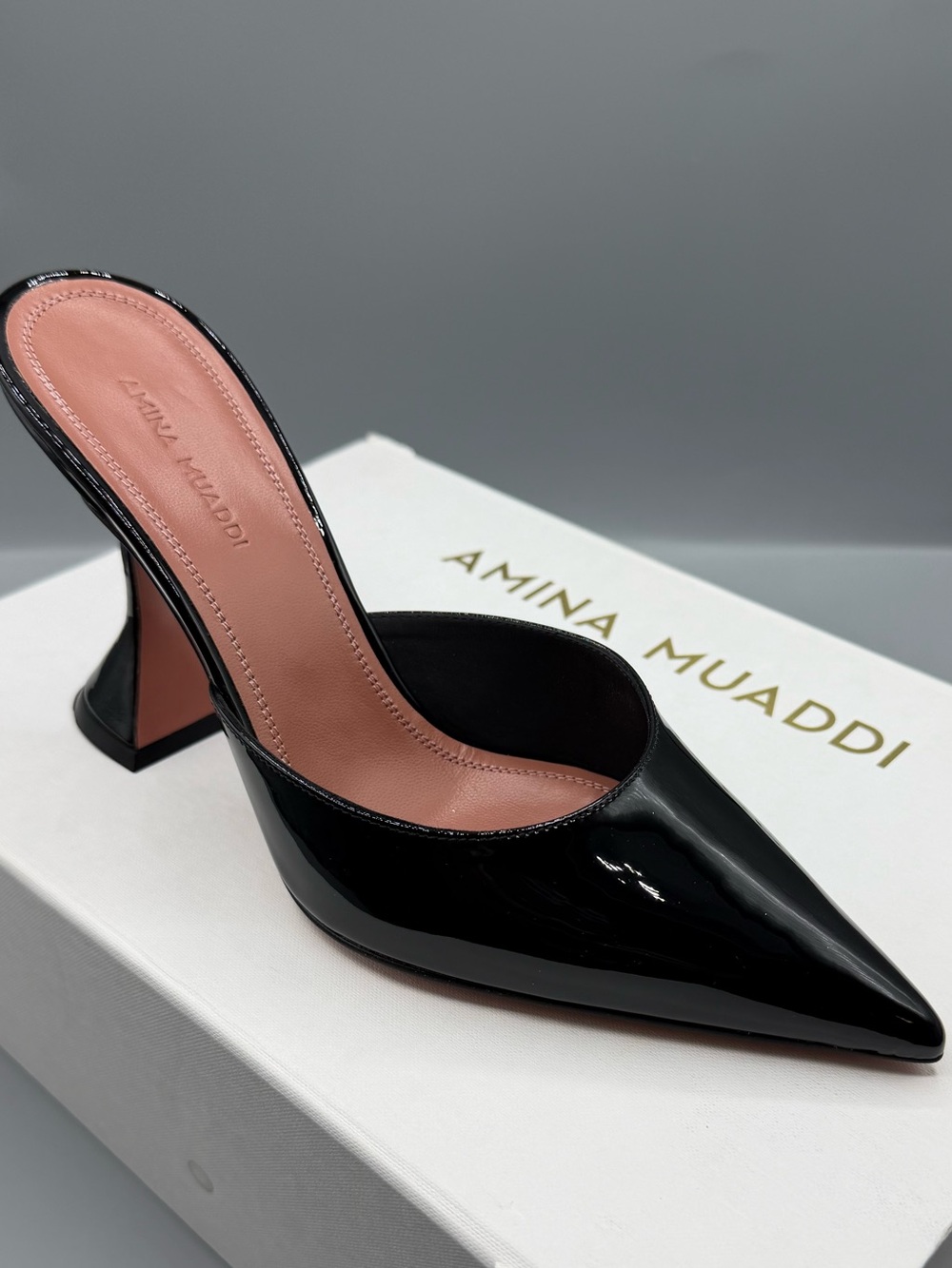 Amina Muaddi Black Patent Pointed Mule with Pink Insole